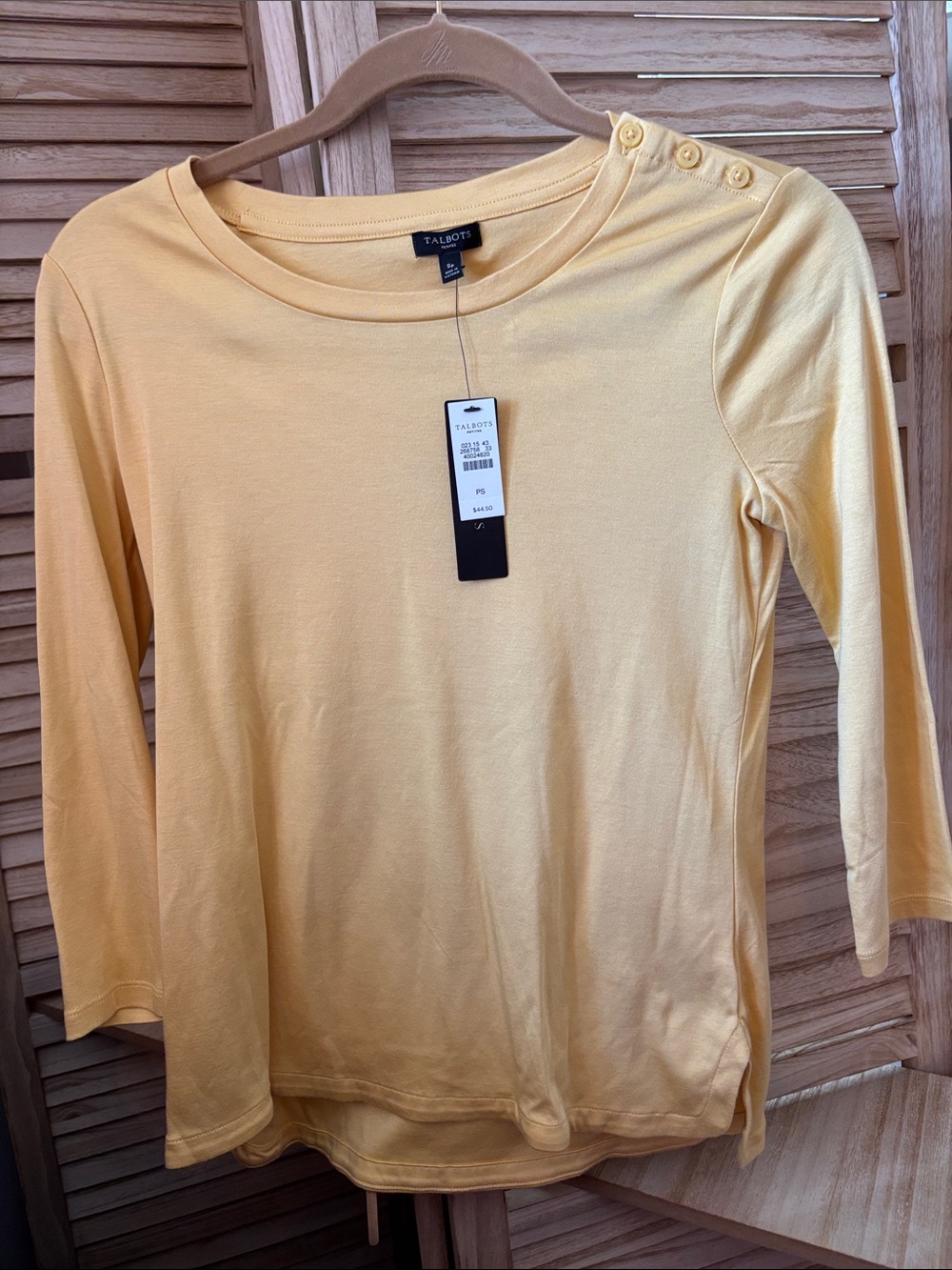 Talbots Sunflower Yellow Button-Shoulder Long Sleeve Tee Petite Small NWT
